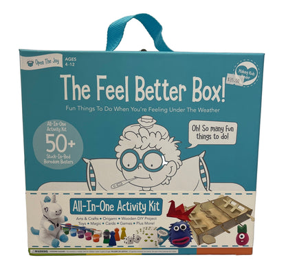 The Feel Better Box activity kit packaging with a cartoon character and various activities depicted.