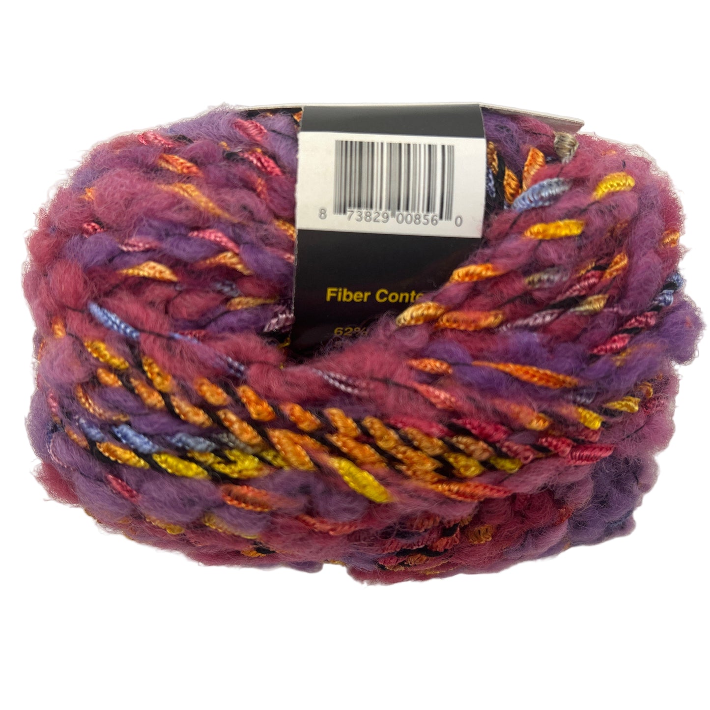 Multicolored yarn ball with a label on a white background