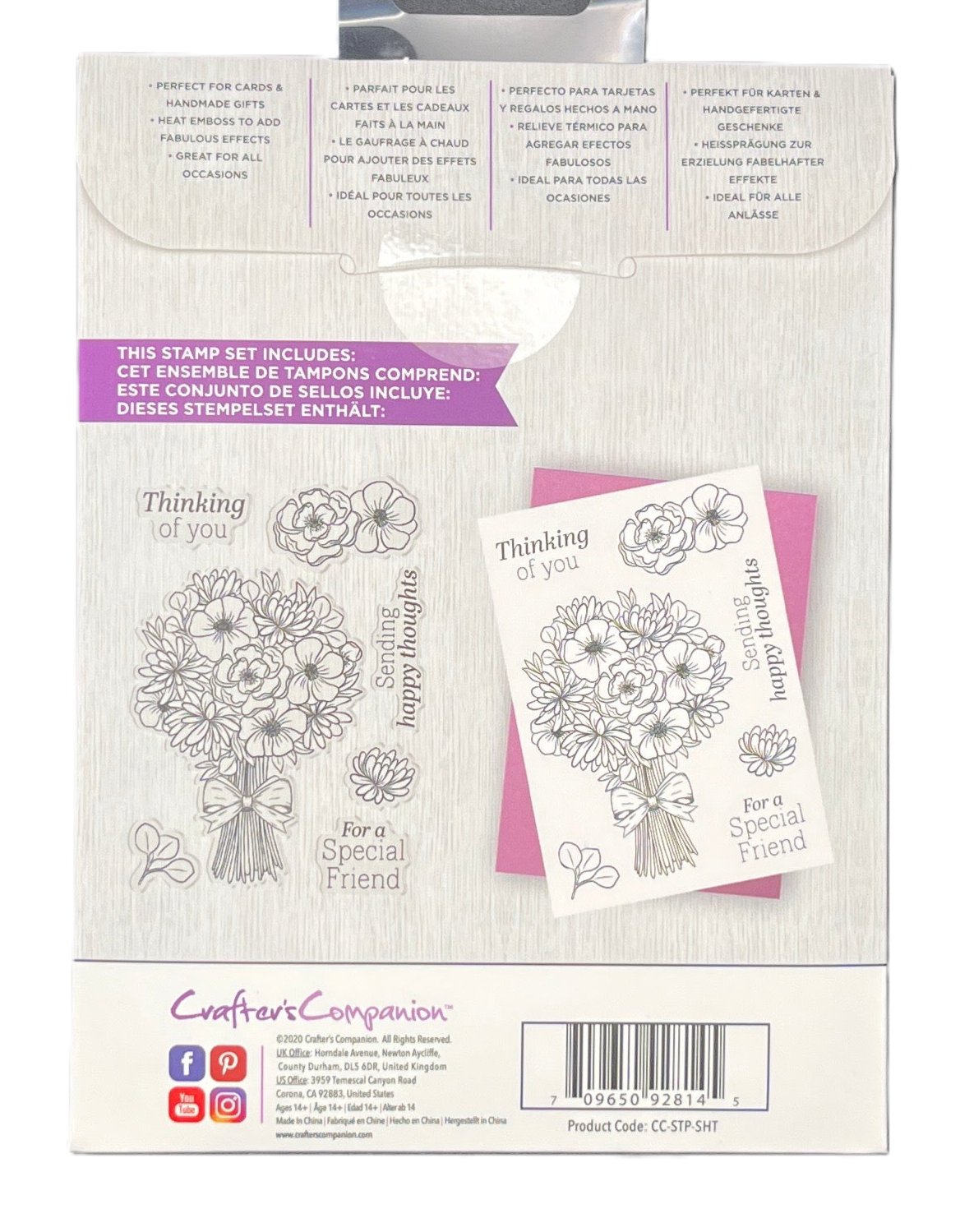 Floral stamp set packaging with a sample card on a white background