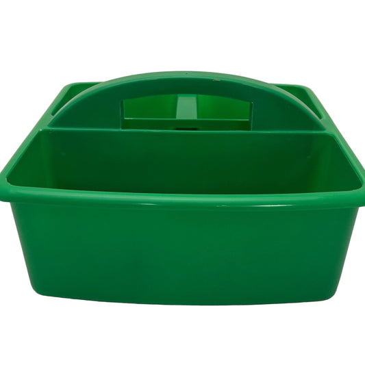 Green plastic bin with handles on a white background