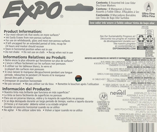 Expo marker packaging with product information on a gray background