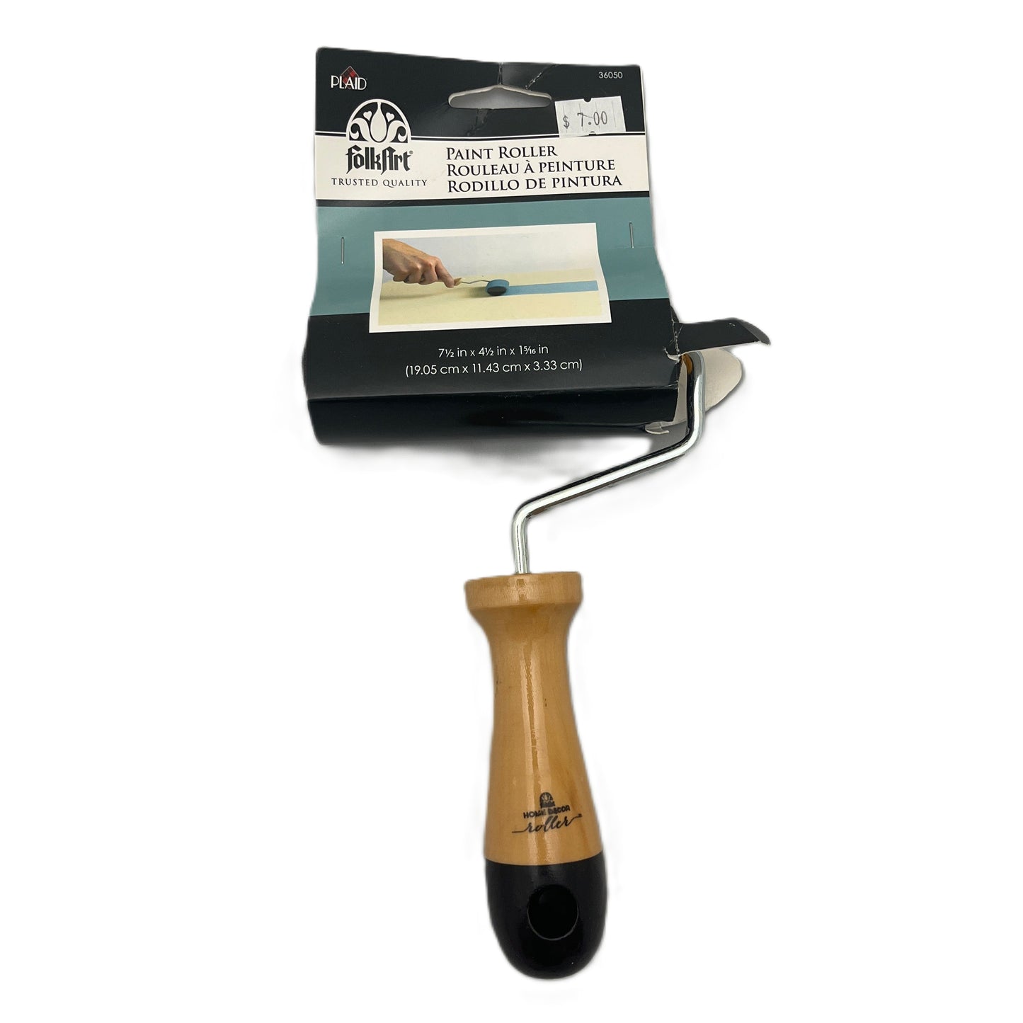 Paint roller with wooden handle and black end, featuring FolkArt packaging on a white background.