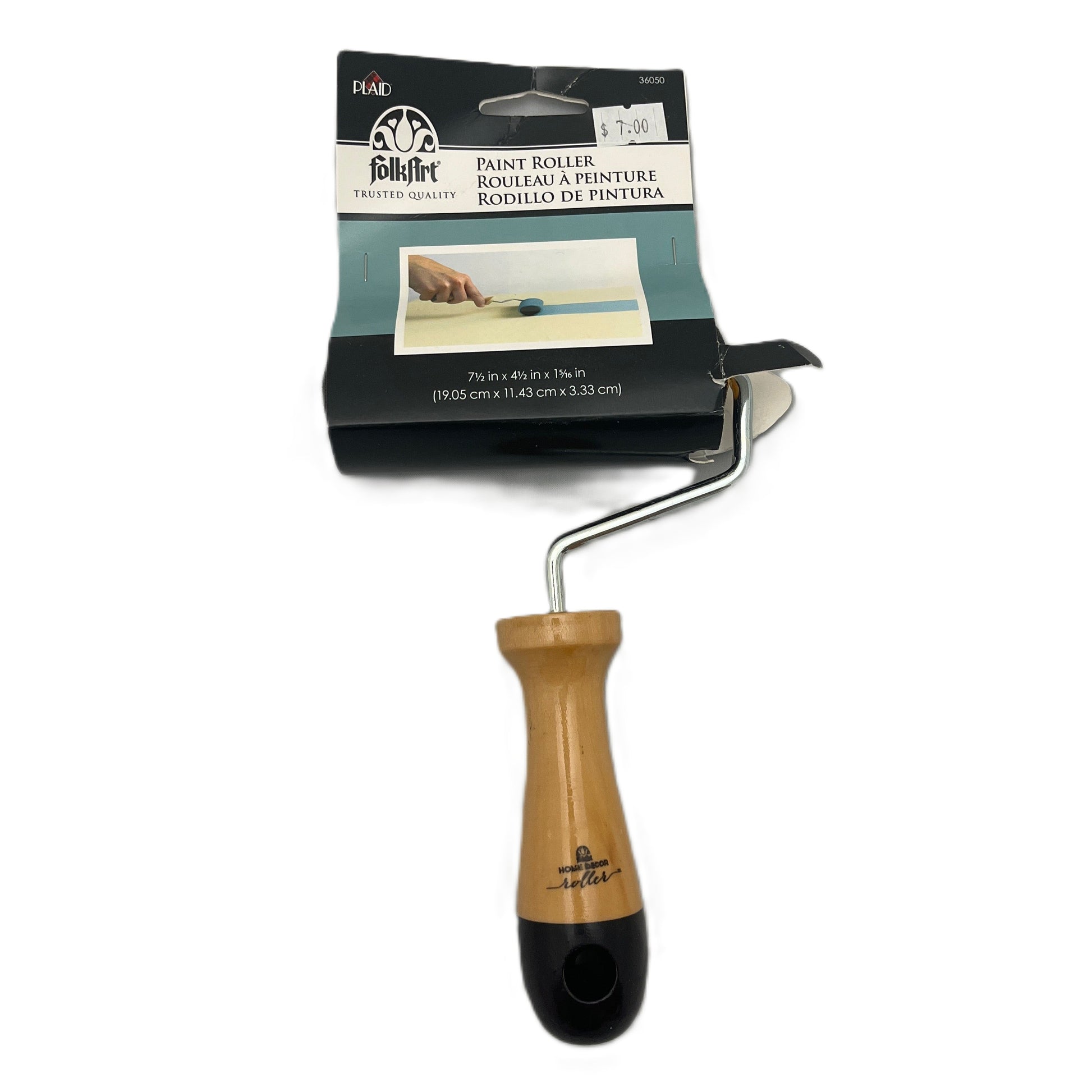 Paint roller with wooden handle and black end, featuring FolkArt packaging on a white background.