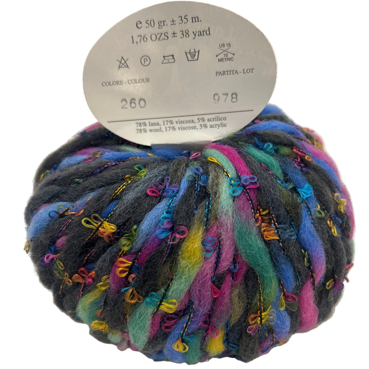 Multicolored yarn ball with a label on a white background
