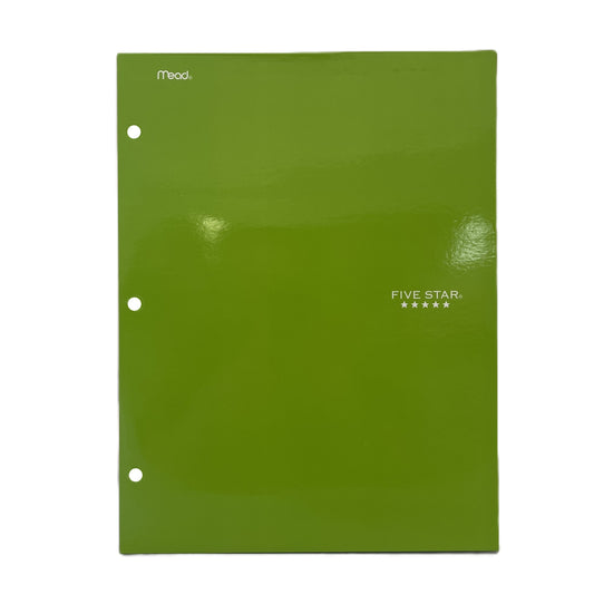 Green three-ring binder with 'Five Star' branding on a white background