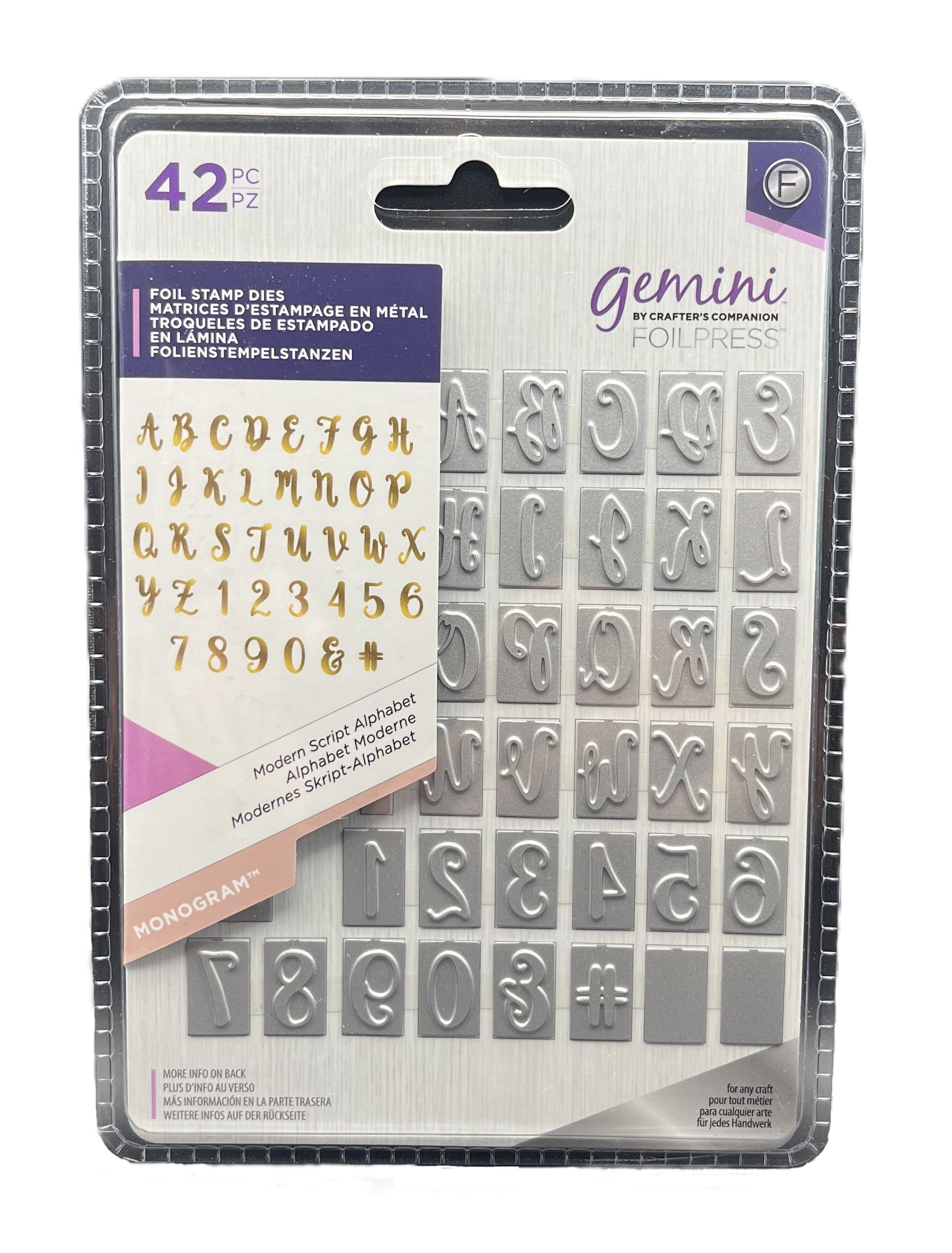 Packaging of Gemini foil stamp dies with alphabet and number stamps.