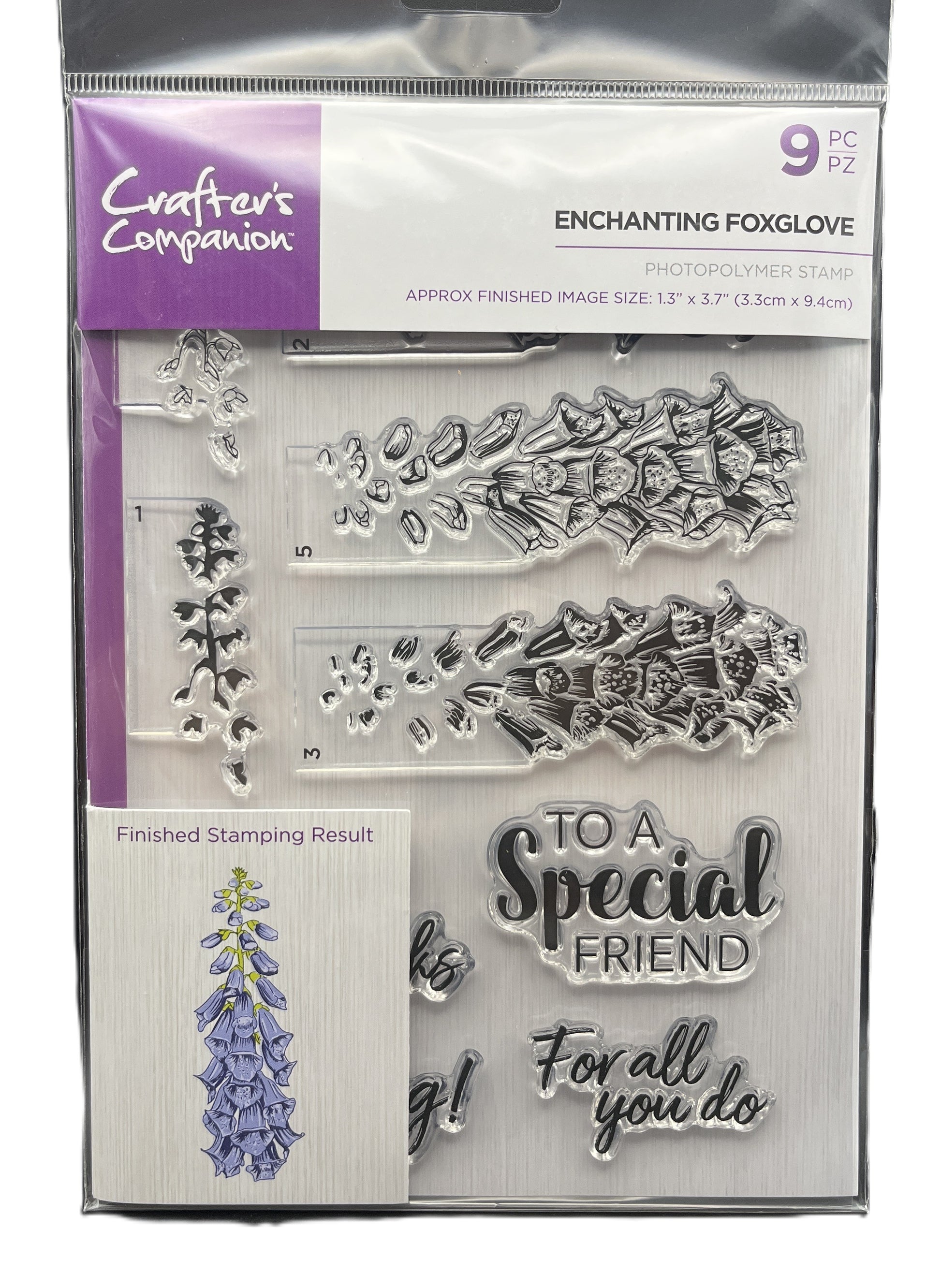 Packaged set of clear stamps with floral and text designs, featuring Crafter's Companion branding.