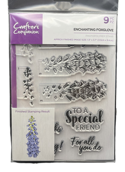 Packaged set of clear stamps with floral and text designs, featuring Crafter's Companion branding.