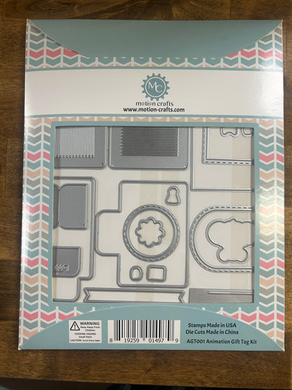 Packaging of a die-cutting set with geometric shapes on a wooden surface