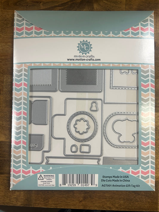 Packaging of a die-cutting set with geometric shapes on a wooden surface