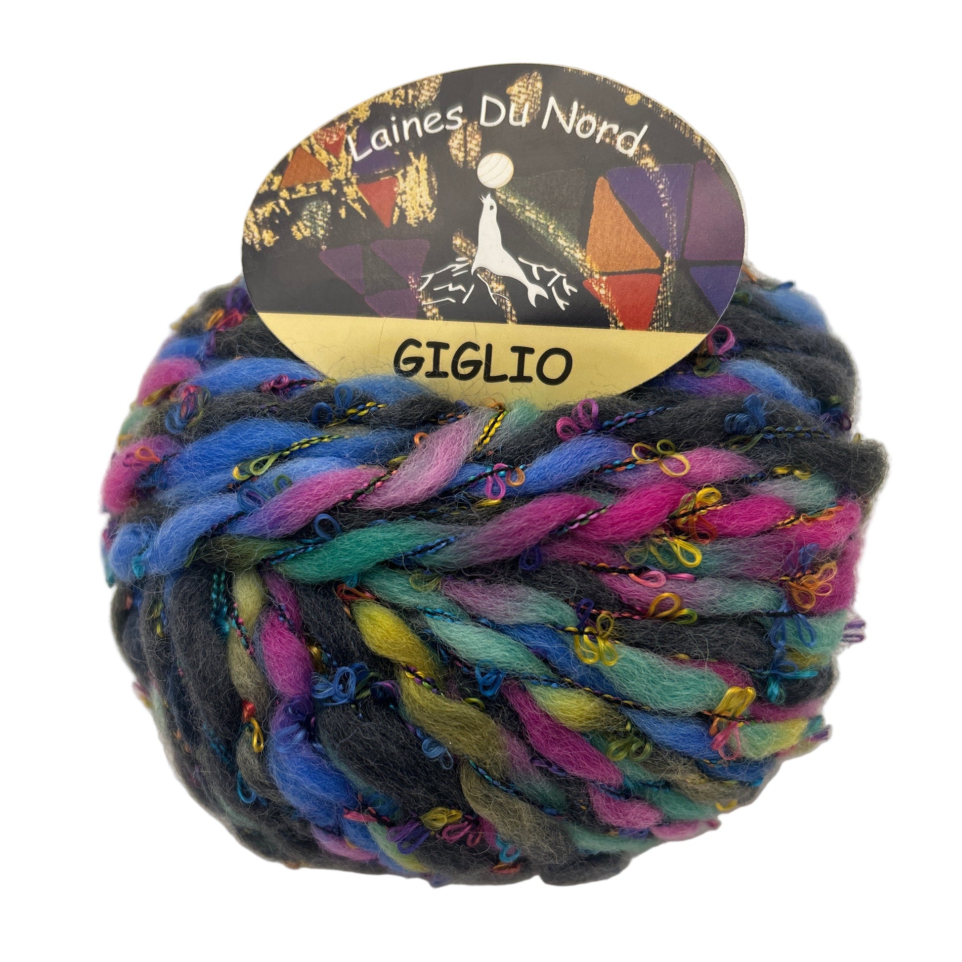 Multicolored skein of yarn with a 'Laines Du Nord' label on a white background