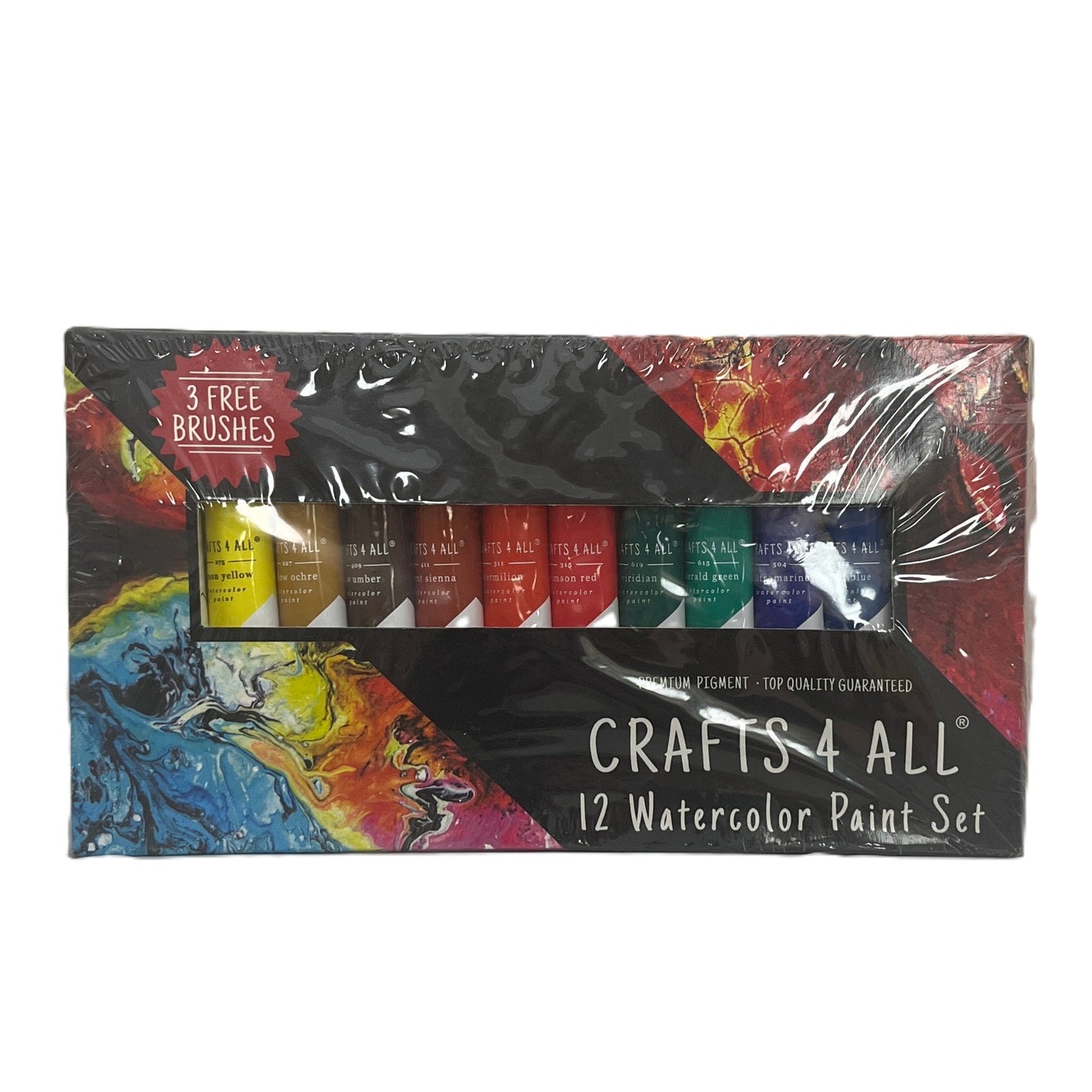Packaged set of Crafts 4 All watercolor paint with colorful design on a white background