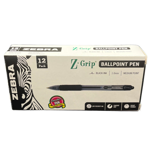 Box of Zebra Z-Grip ballpoint pens with black ink on a white background