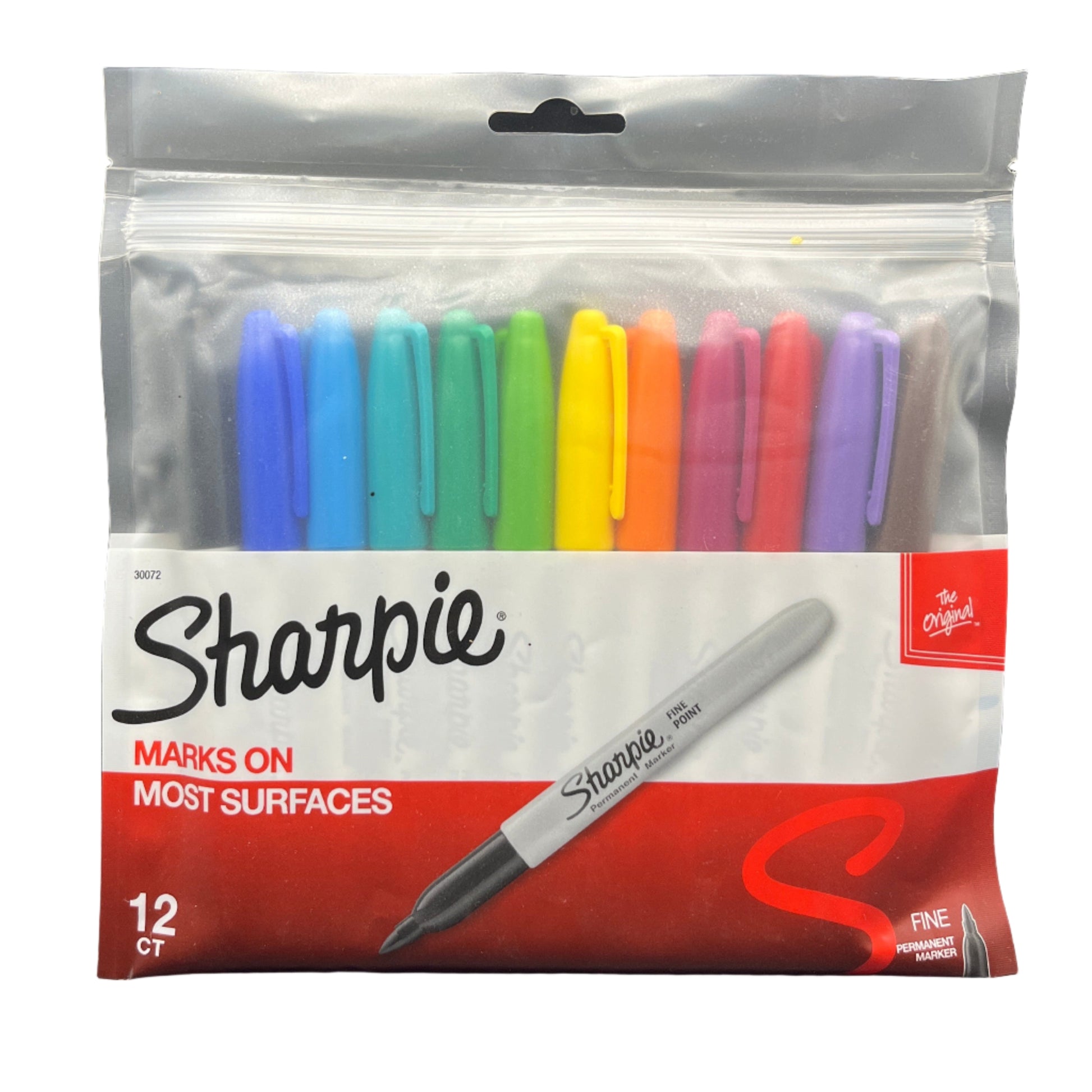 Pack of Sharpie markers with colorful caps on a black background
