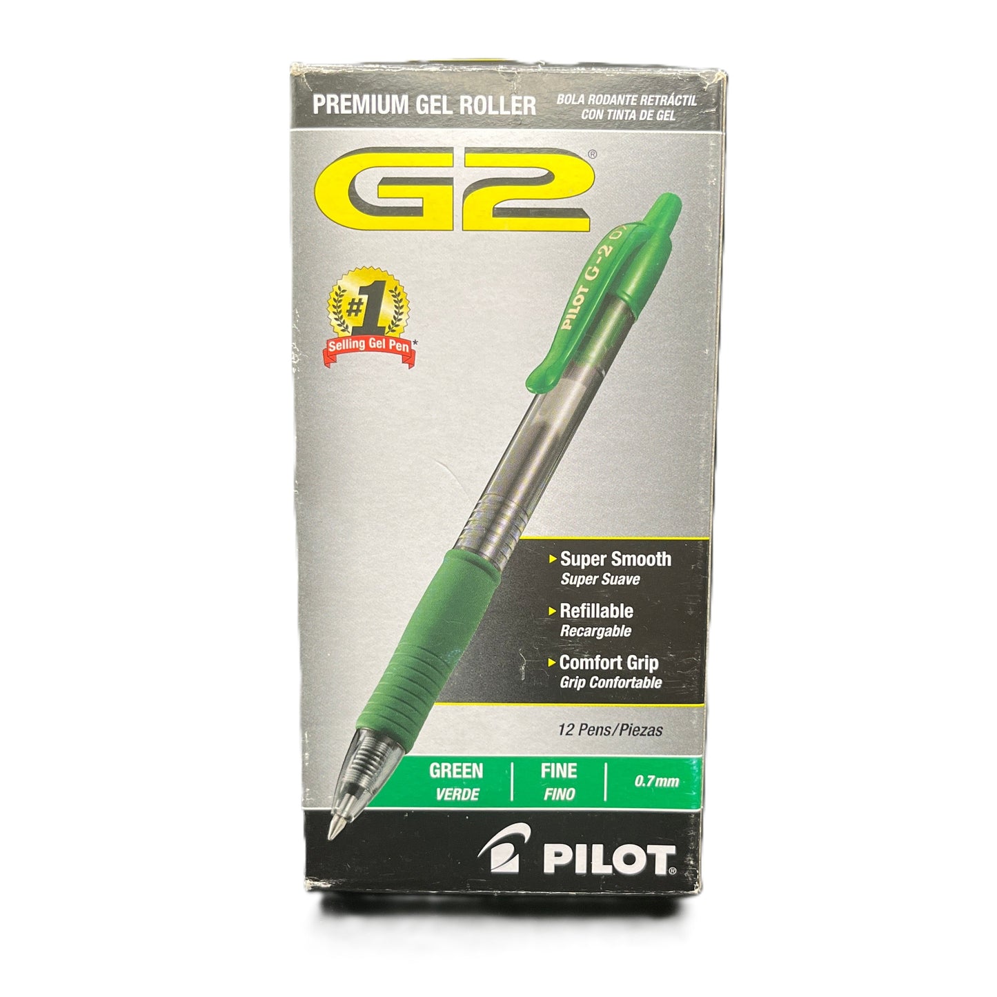 Pilot G2 gel roller pen packaging with green pen on a white background