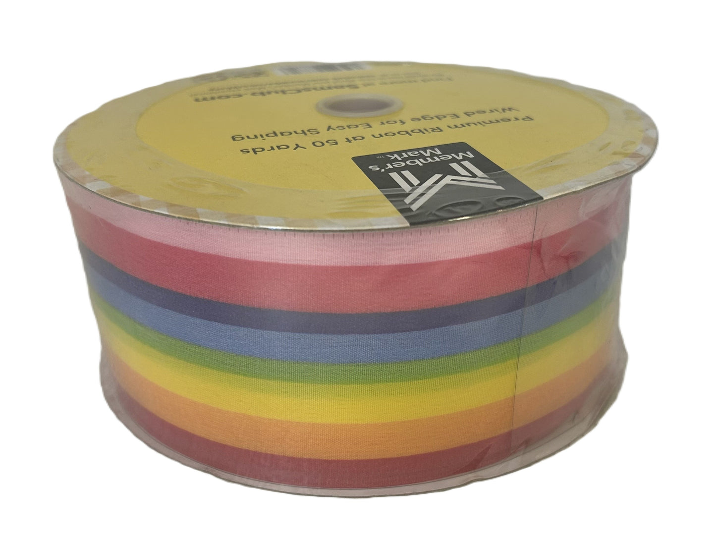 Spool of colorful ribbon with a brand label on a white background