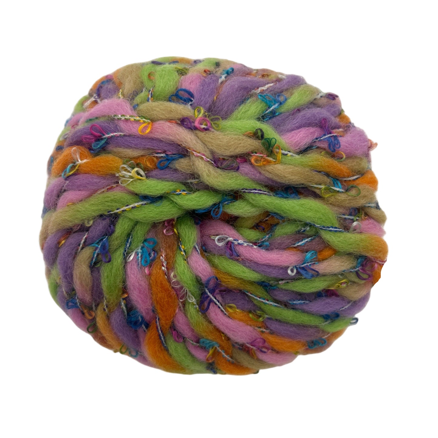 Colorful braided rope ball toy on a white background