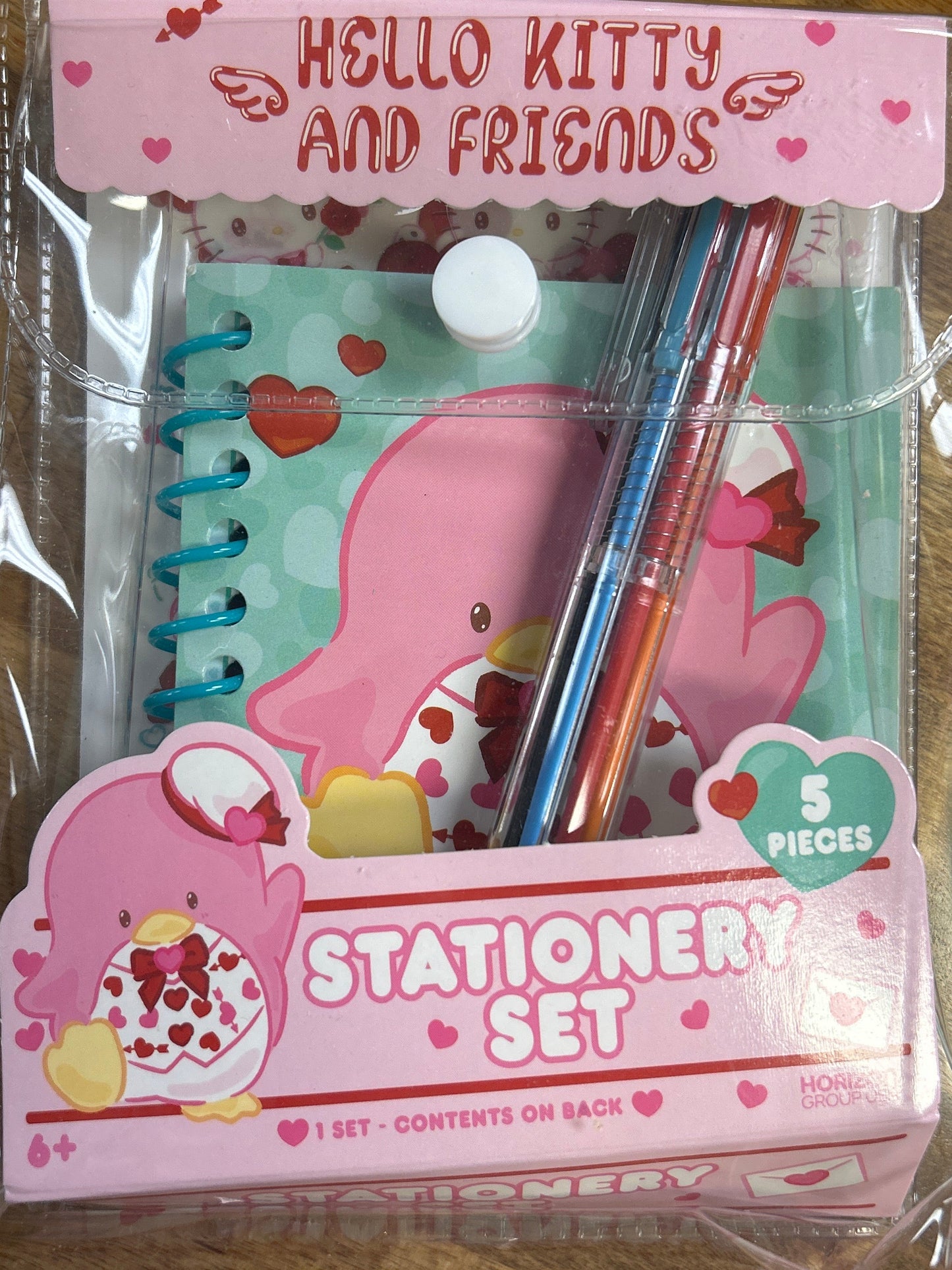 Hello Kitty and Friends stationery set with notebook, pens, and stickers in packaging