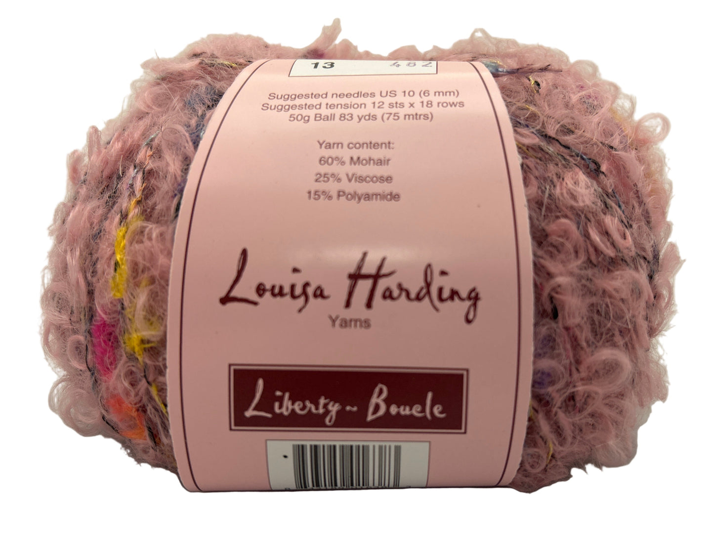 Ball of yarn with a pink label featuring 'Louisa Harding Yarns' on a white background