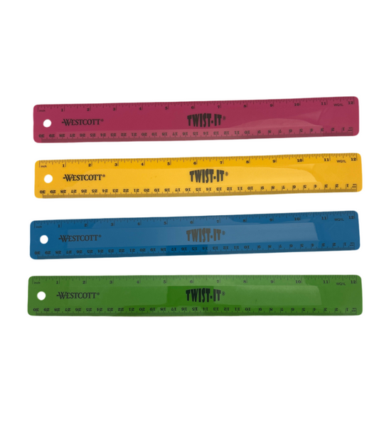Four colorful rulers with Westcott branding on a white background