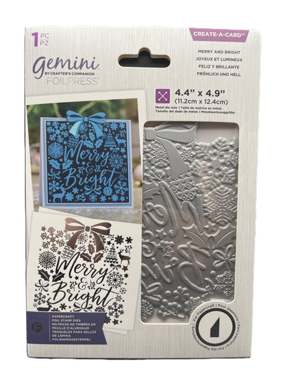 Card making tool set with 'Merry & Bright' text and decorative elements on packaging
