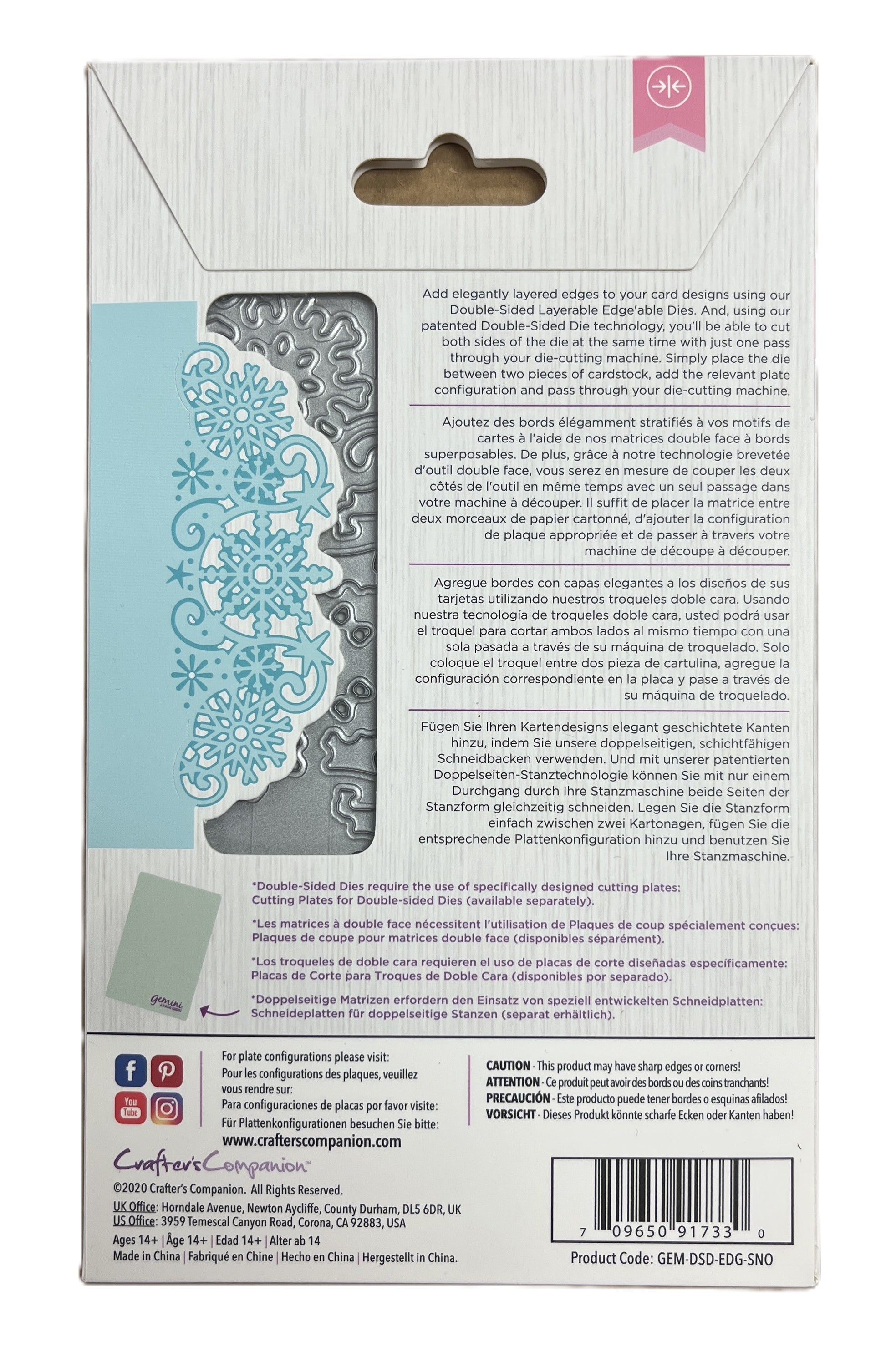 Package back with snowflake design and text on a white background