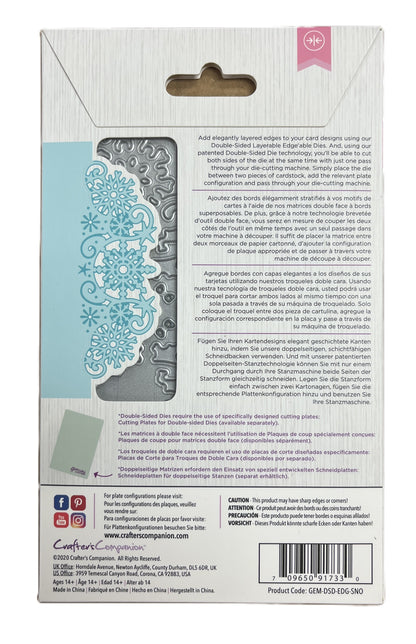Package back with snowflake design and text on a white background