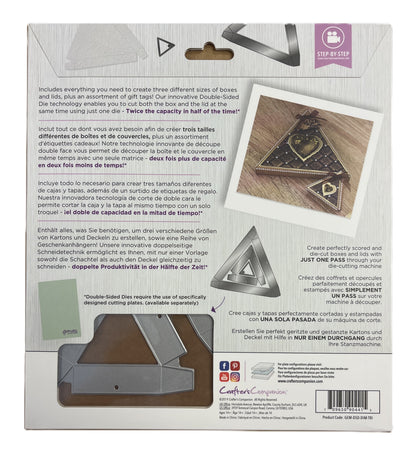 Product packaging with cut-out shapes and text on a white background