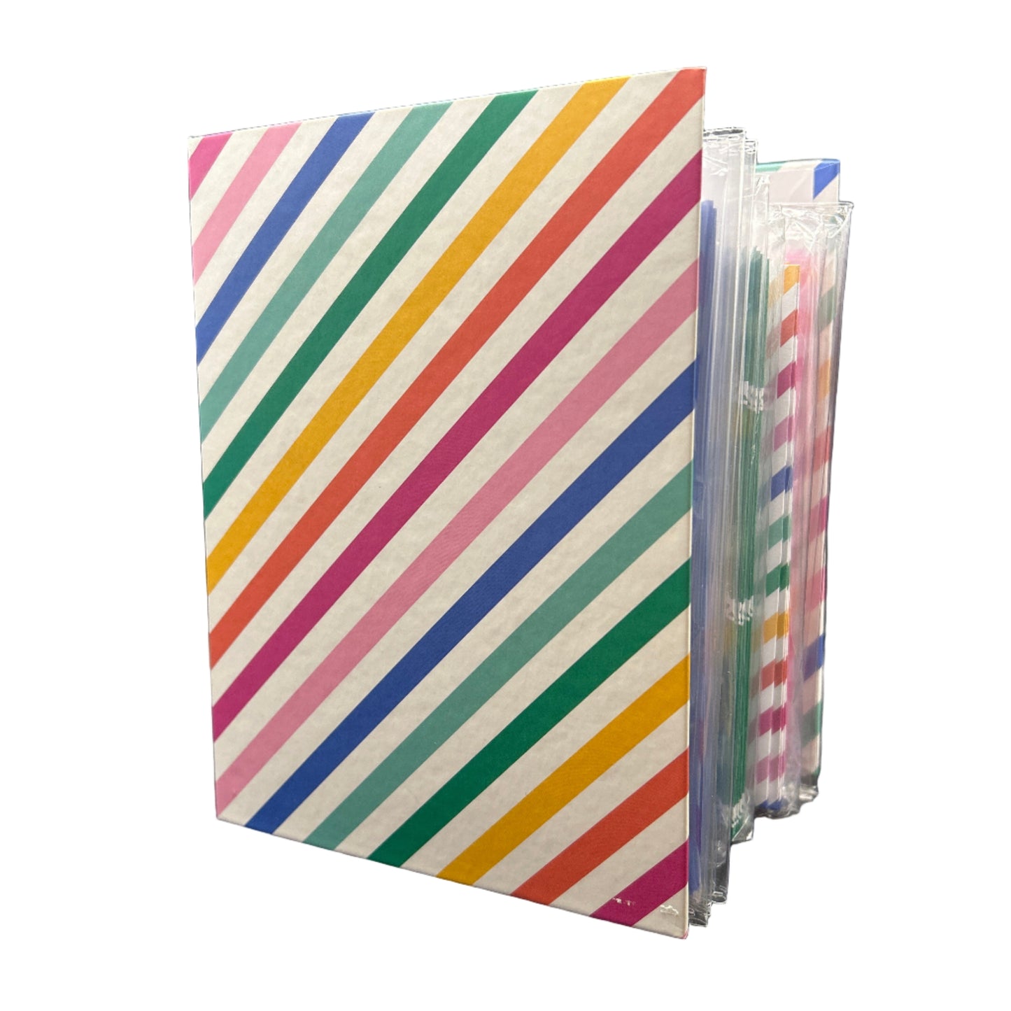 Stack of colorful striped cards on a black background