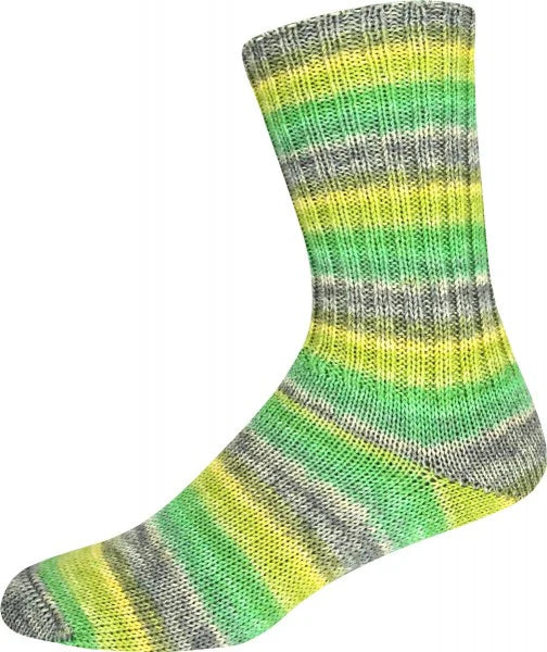 Multicolored striped yarn shown knitted as a sock on a white background 