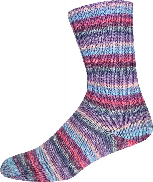 Multicolored striped yarn shown knitted as a sock on a white background 