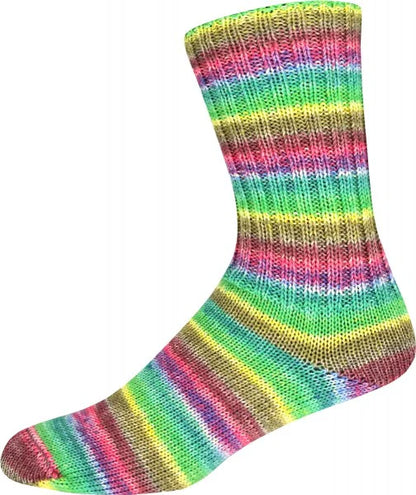 Multicolored striped yarn shown knitted as a sock on a white background 