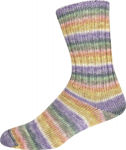 Multicolored striped yarn shown knitted as a sock on a white background 