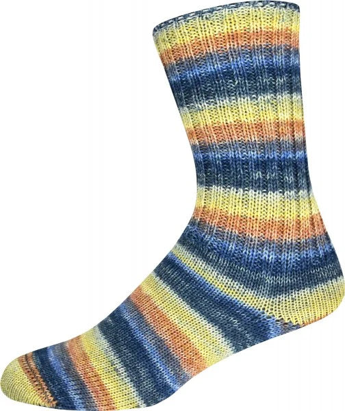 Multicolored striped yarn shown knitted as a sock on a white background 