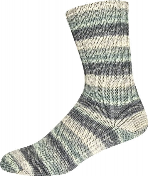 Multicolored striped yarn shown knitted as a sock on a white background 
