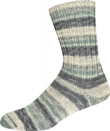 Multicolored striped yarn shown knitted as a sock on a white background 