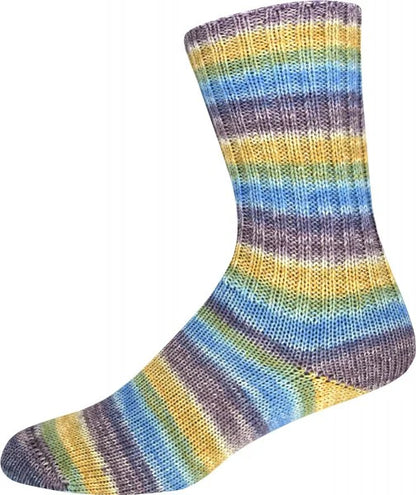 Multicolored striped yarn shown knitted as a sock on a white background 