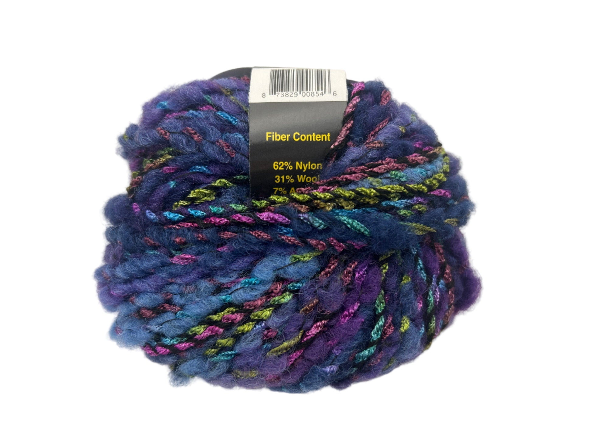 Multicolored yarn ball with fiber content label on a white background