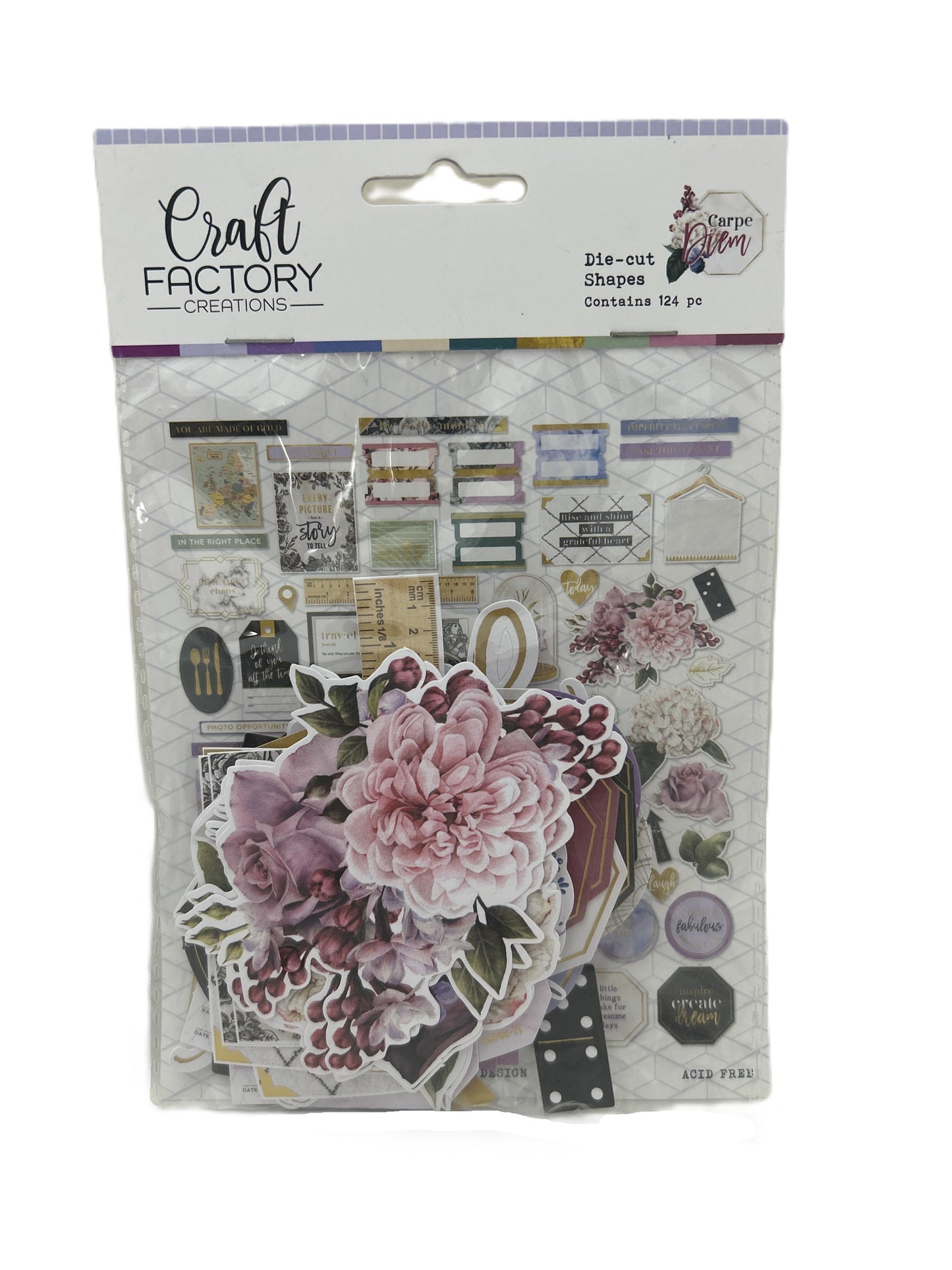 Packaged craft stickers with floral designs and 'Craft Factory' branding on a white background.
