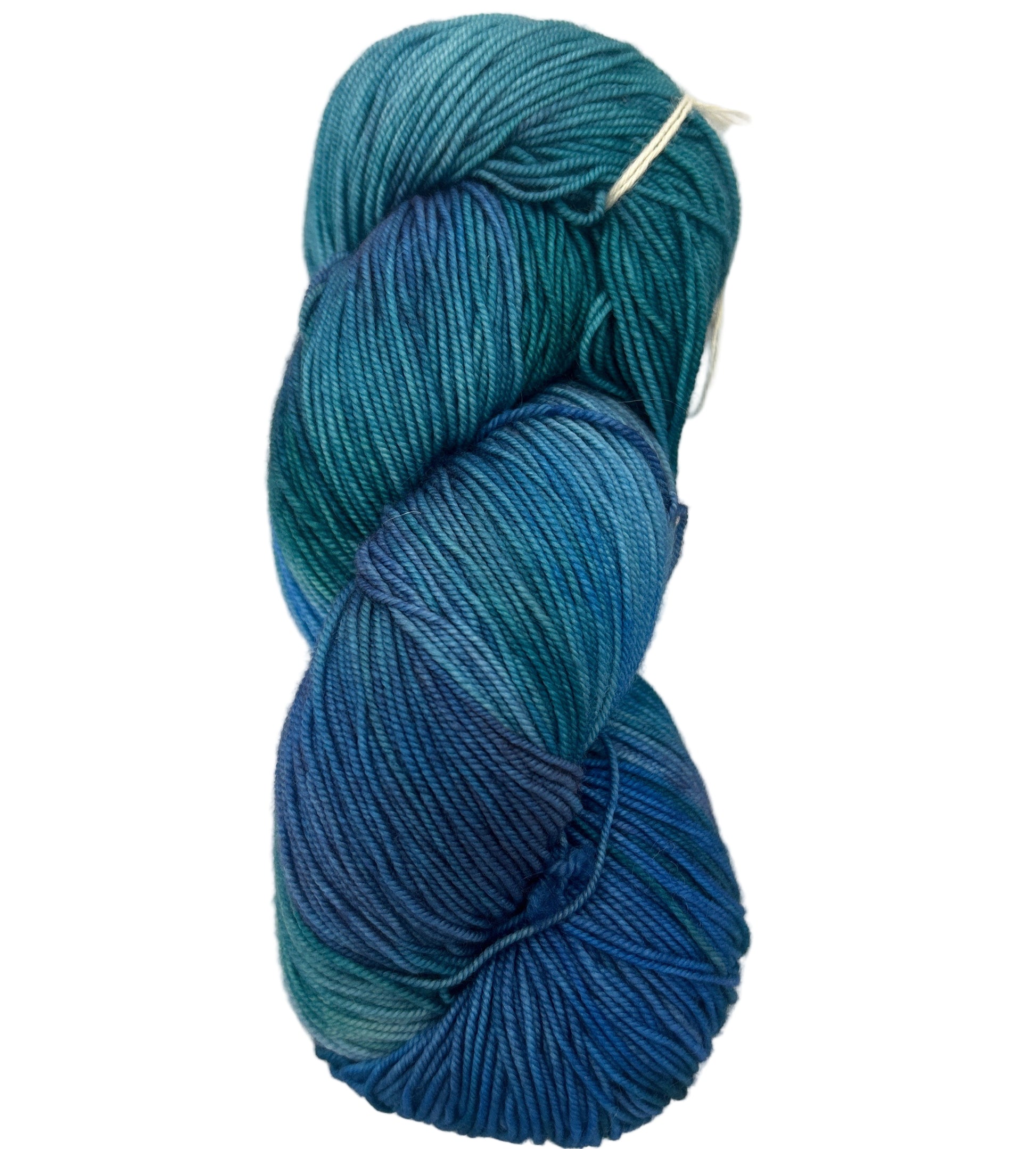 Blue skein of yarn on a white background