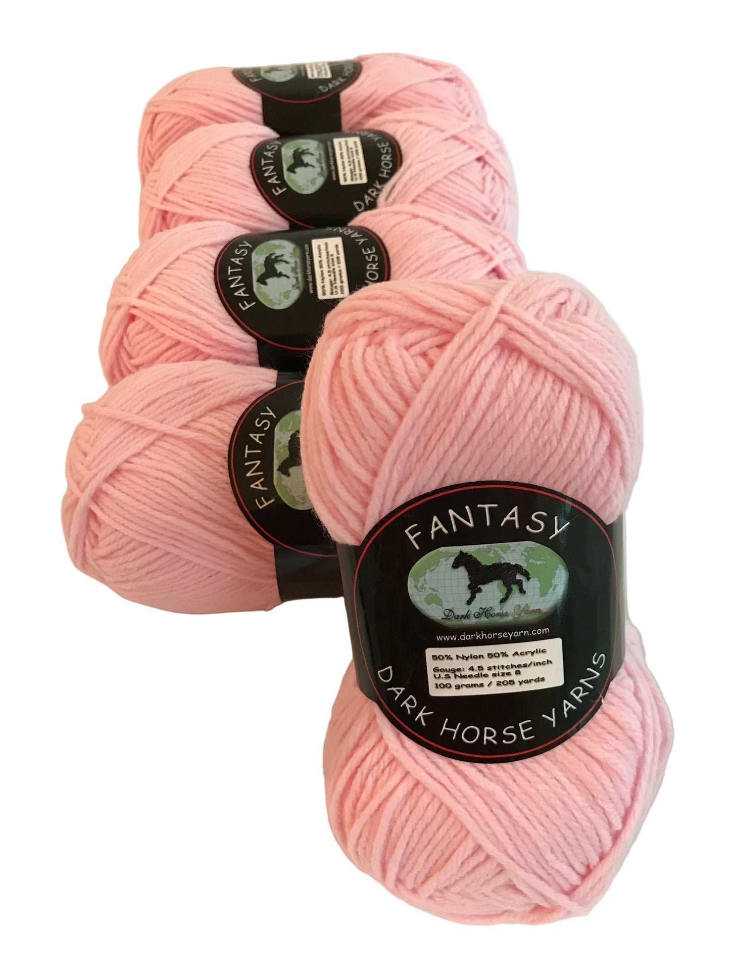 Pink yarn balls with 'Fantasy Dark Horse' labels on a light background