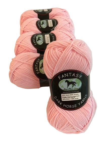 Pink yarn balls with 'Fantasy Dark Horse' labels on a light background