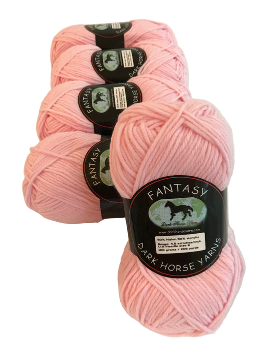 Pink yarn balls with 'Fantasy Dark Horse' labels on a light background