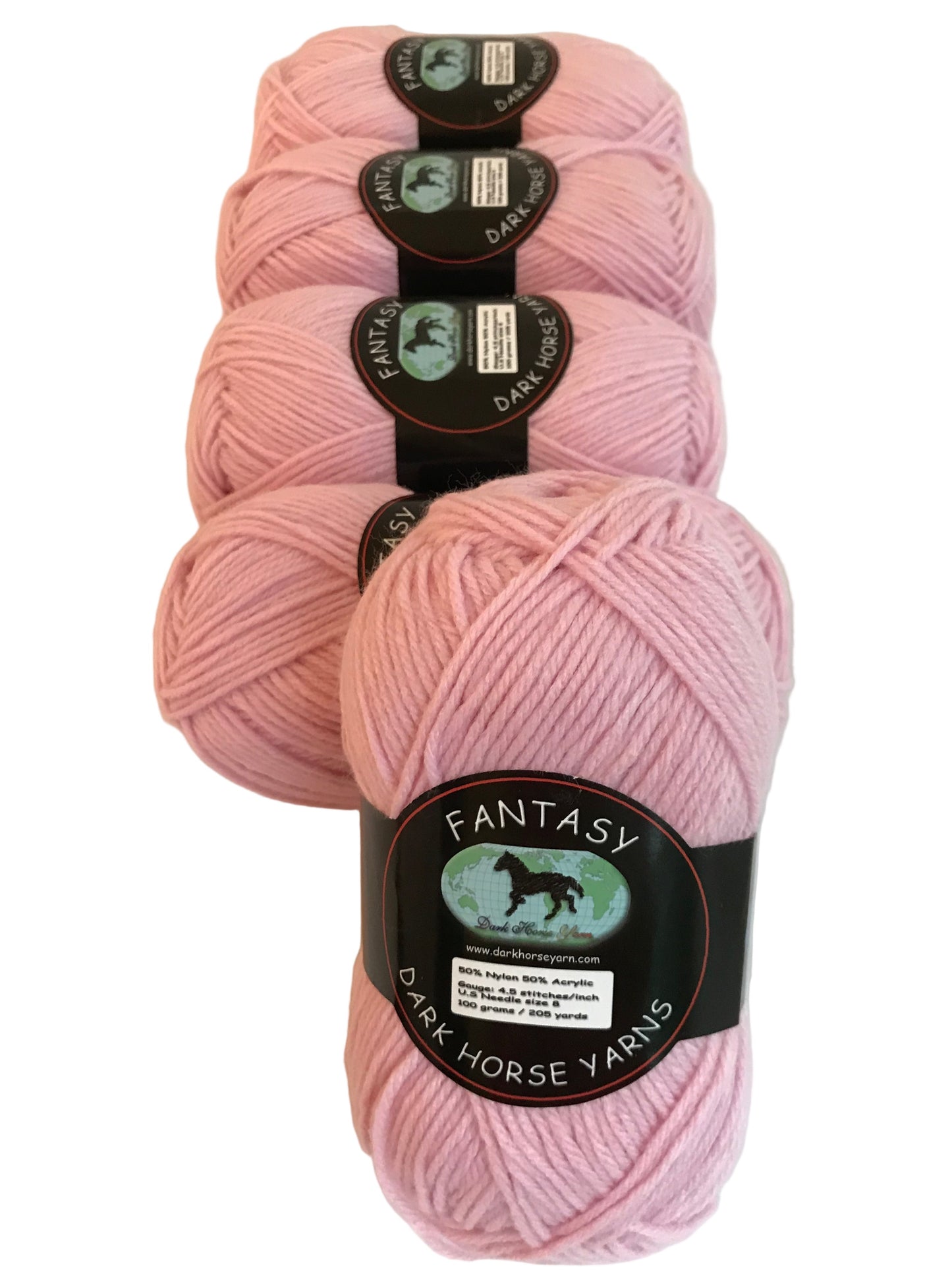 Three skeins of pink yarn with 'Fantasy' label on a white background