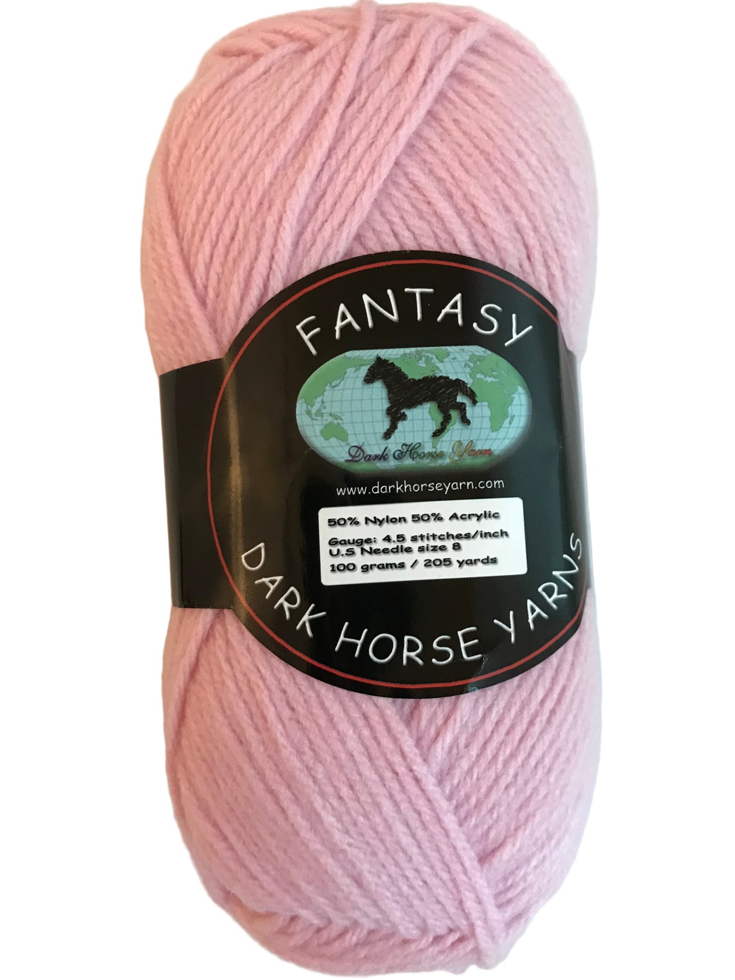 Pink skein of yarn with a 'Dark Horse Yarns' label on a white background
