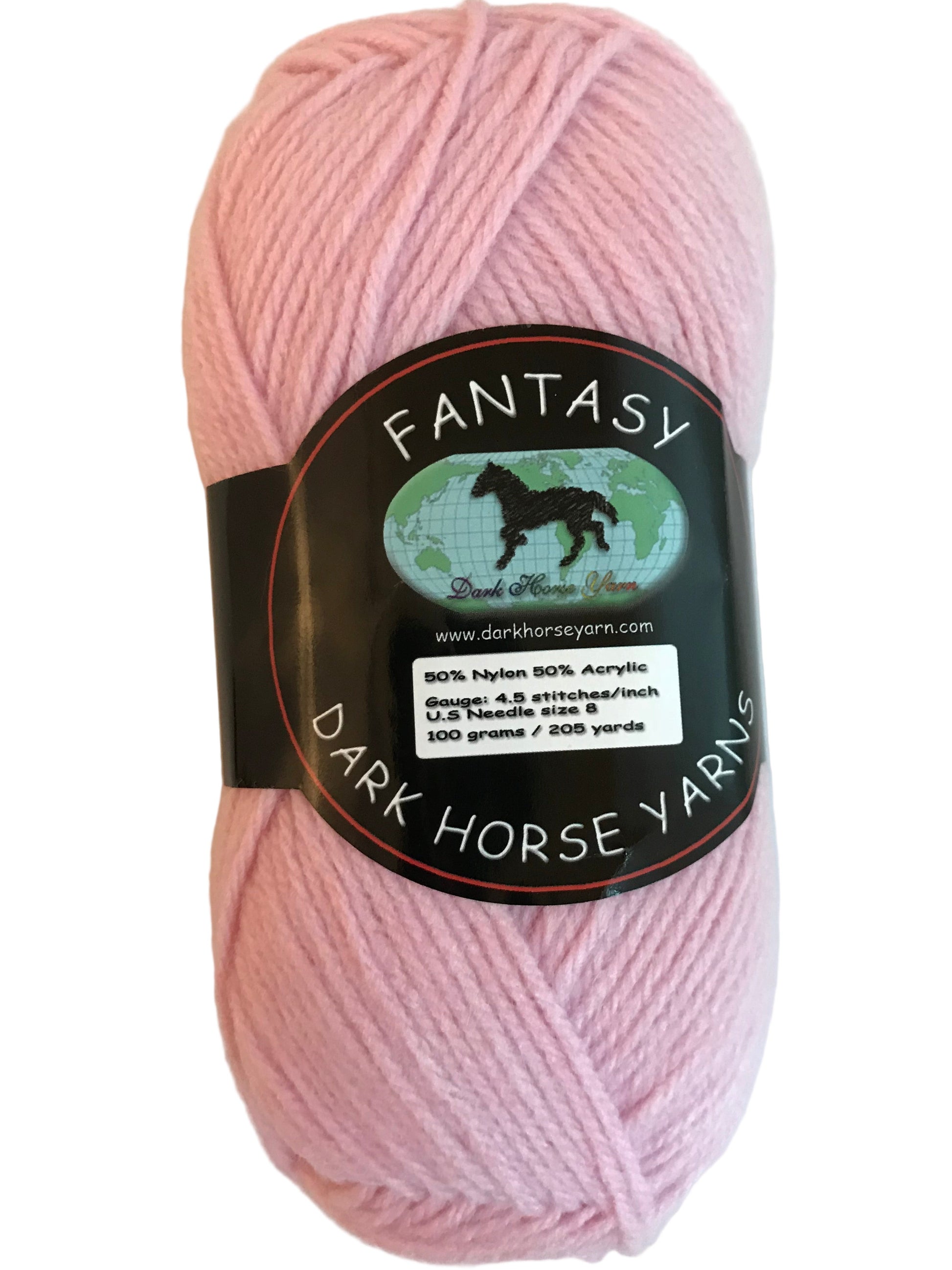 Pink skein of yarn with a 'Dark Horse Yarns' label on a white background