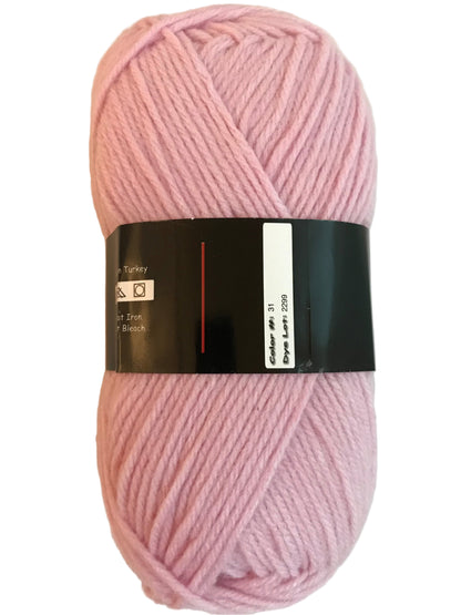 Pink skein of yarn with a label on a light beige background
