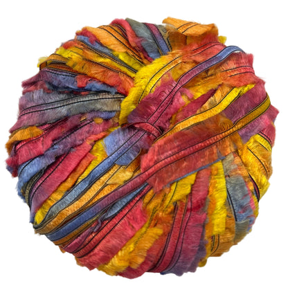 Multicolored skein of yarn on a white background
