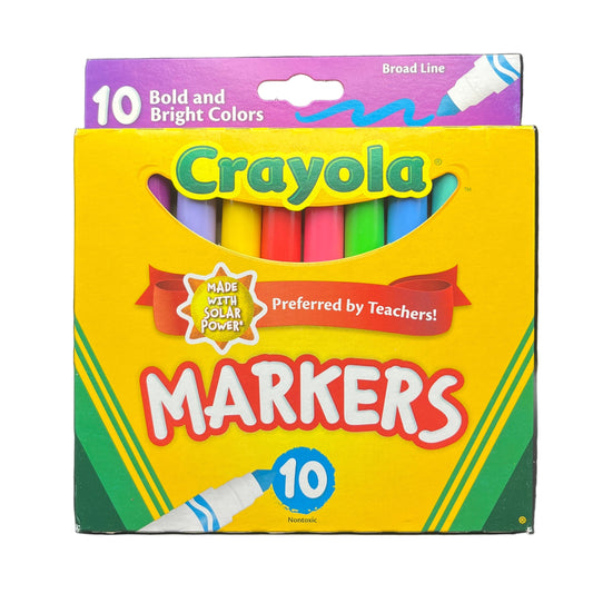 Crayola markers packaging with colorful design on a white background