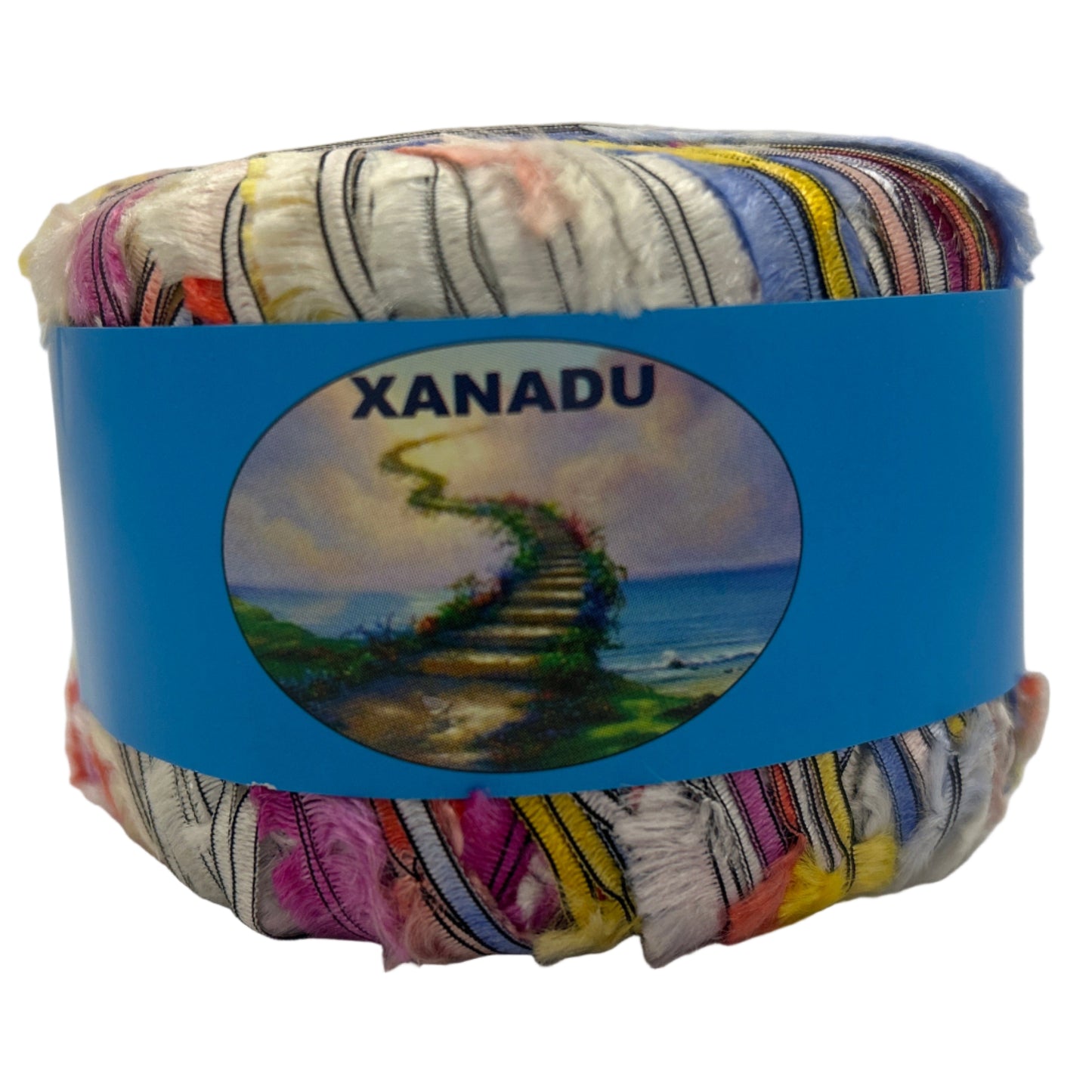 Multicolored yarn roll with a blue label featuring 'Xanadu' branding on a white background